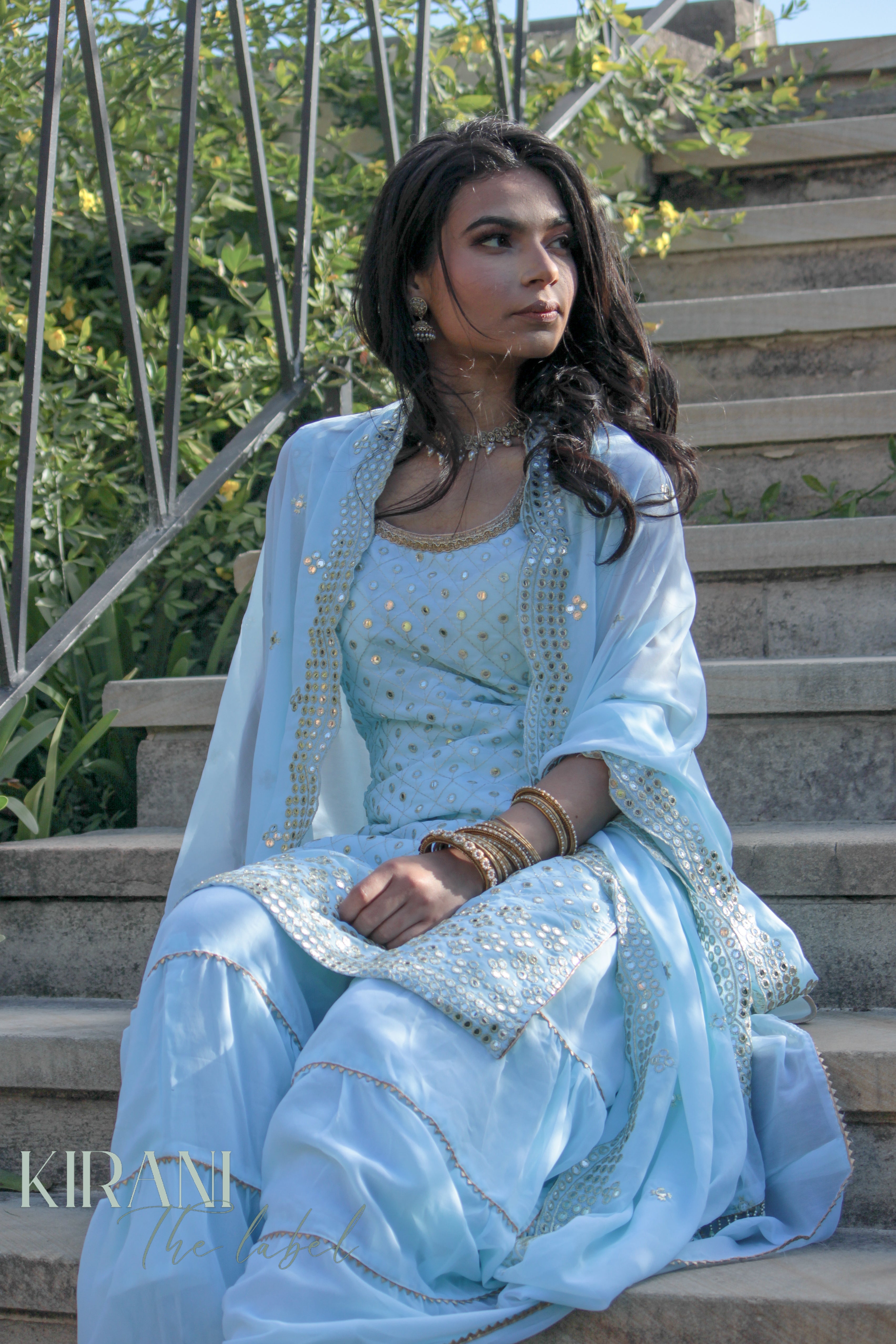 Light Blue Sharara With Palazzo Pants And Dupatta (Set of 3)