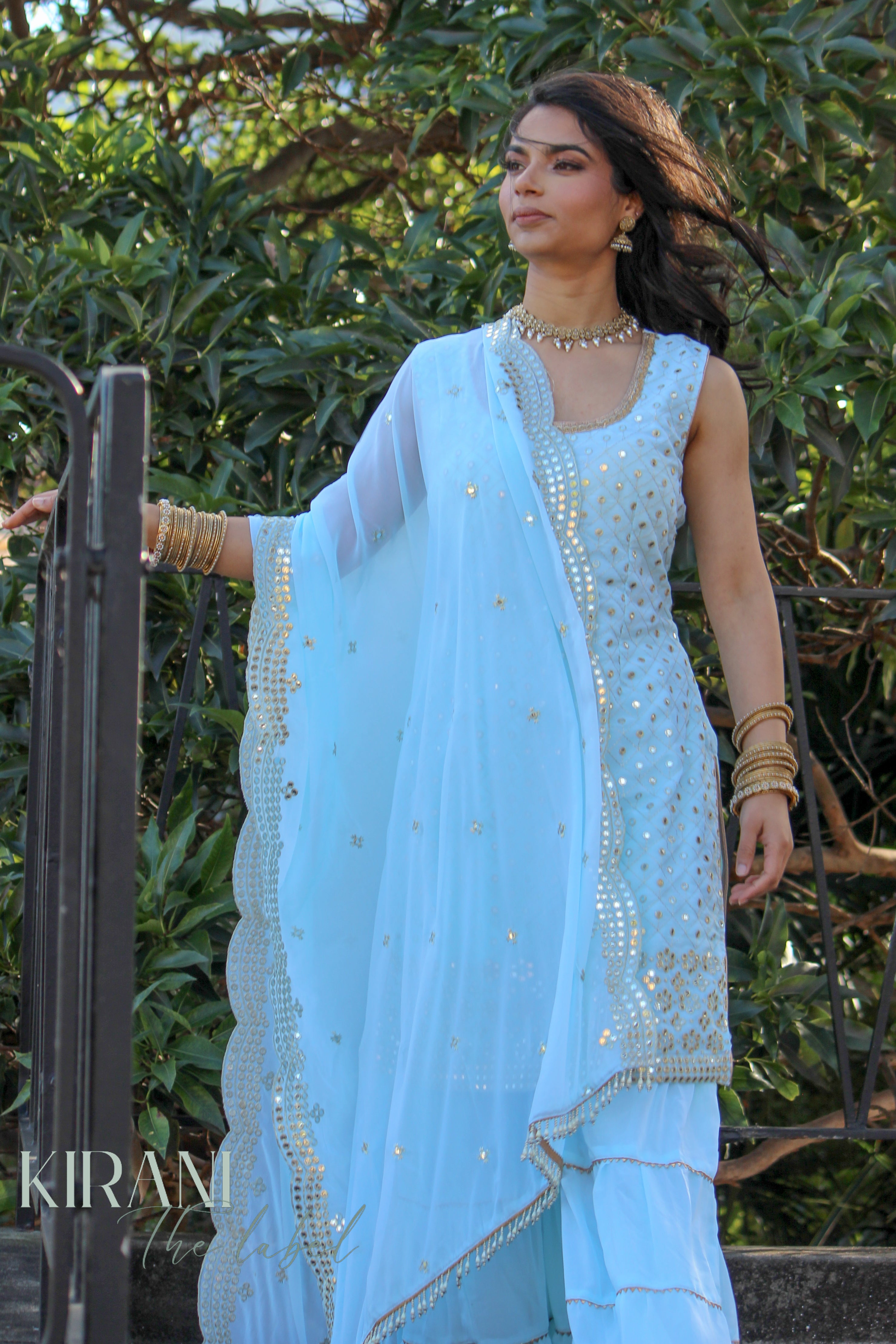Light Blue Sharara With Palazzo Pants And Dupatta (Set of 3)
