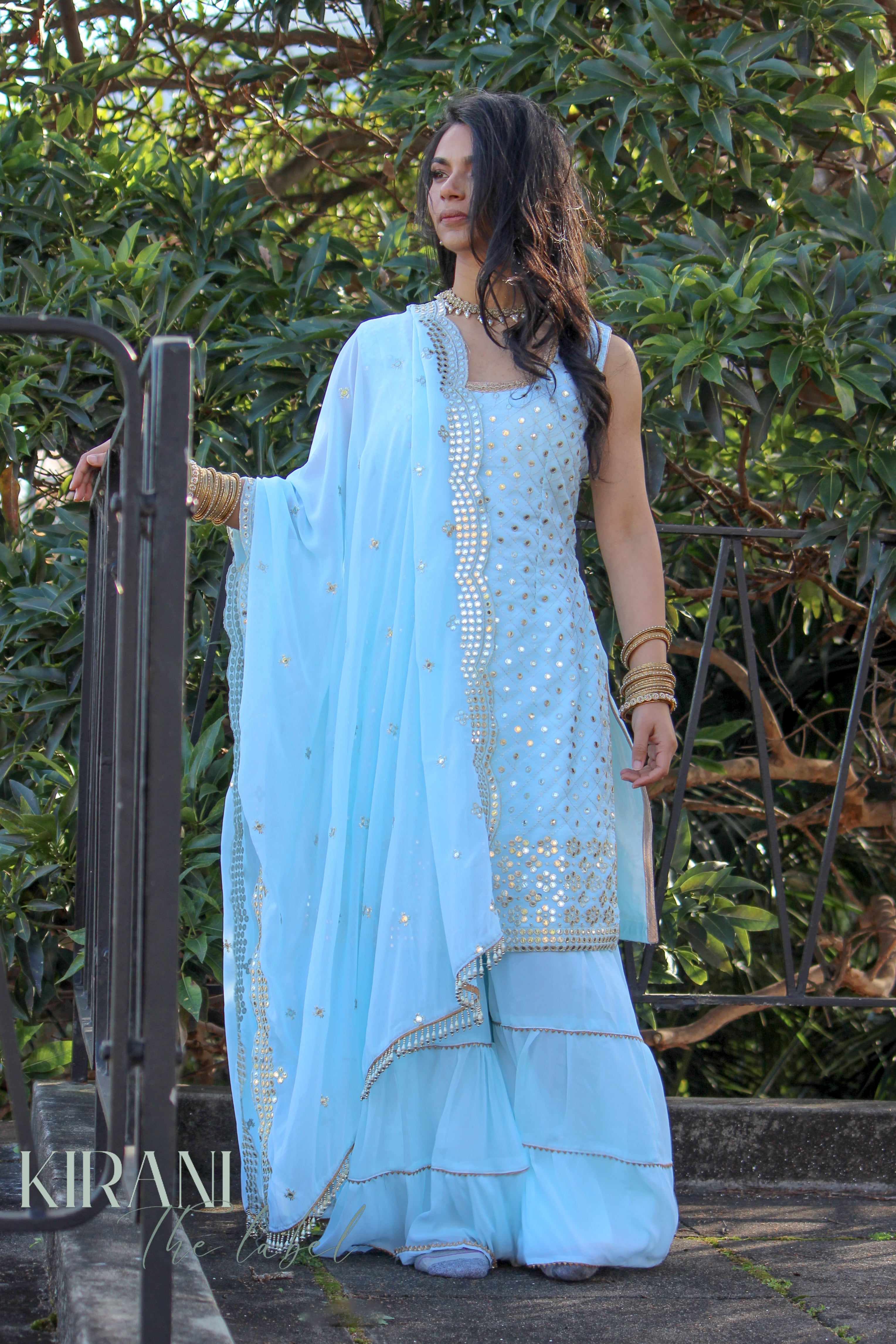 Light Blue Sharara With Palazzo Pants And Dupatta (Set of 3)