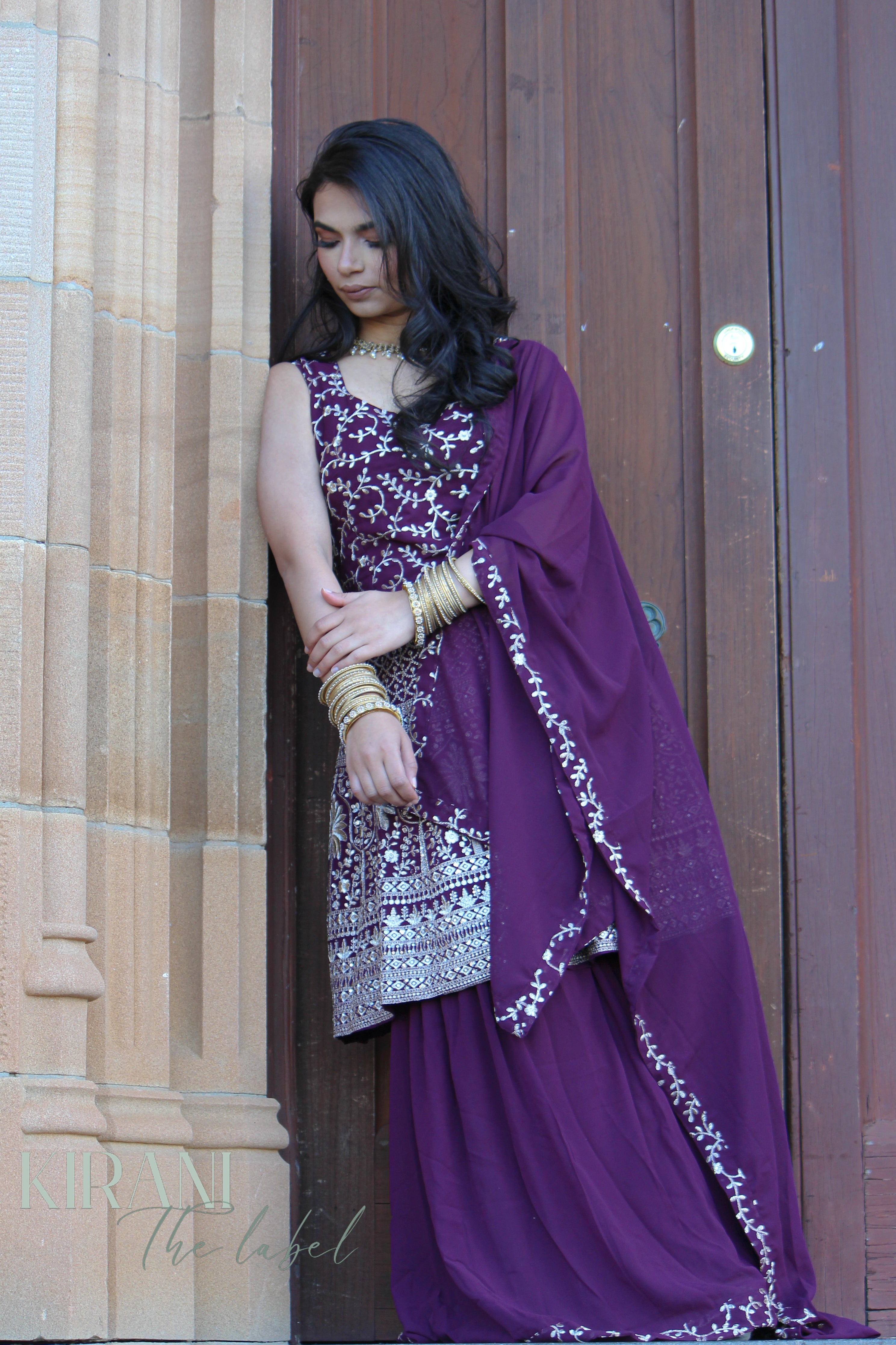 Purple Peplum Sharara With Palazzo Pants And Dupatta (Set of 3)