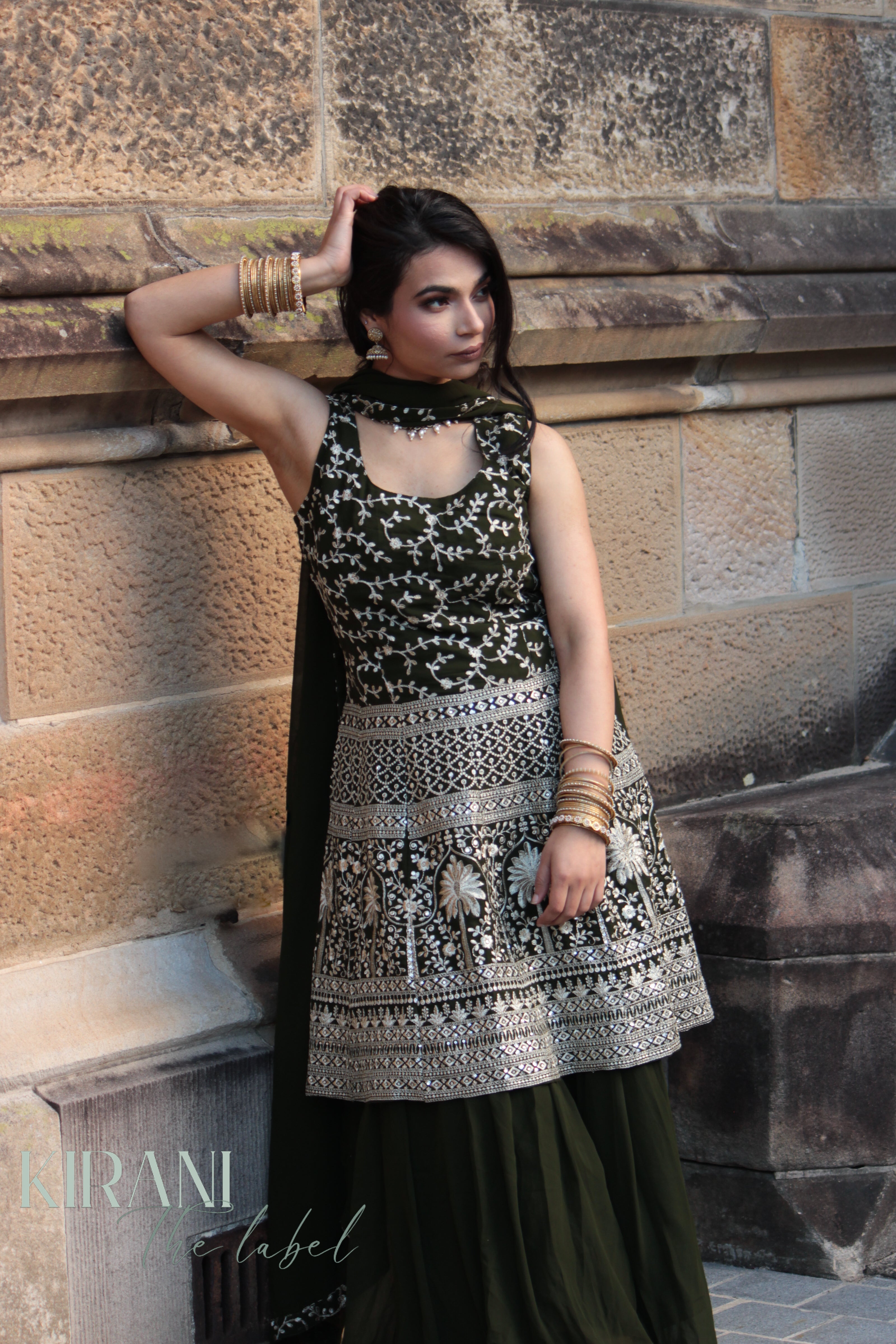 Deep Olive Sharara With Palazzo Pants And Dupatta (Set of 3)