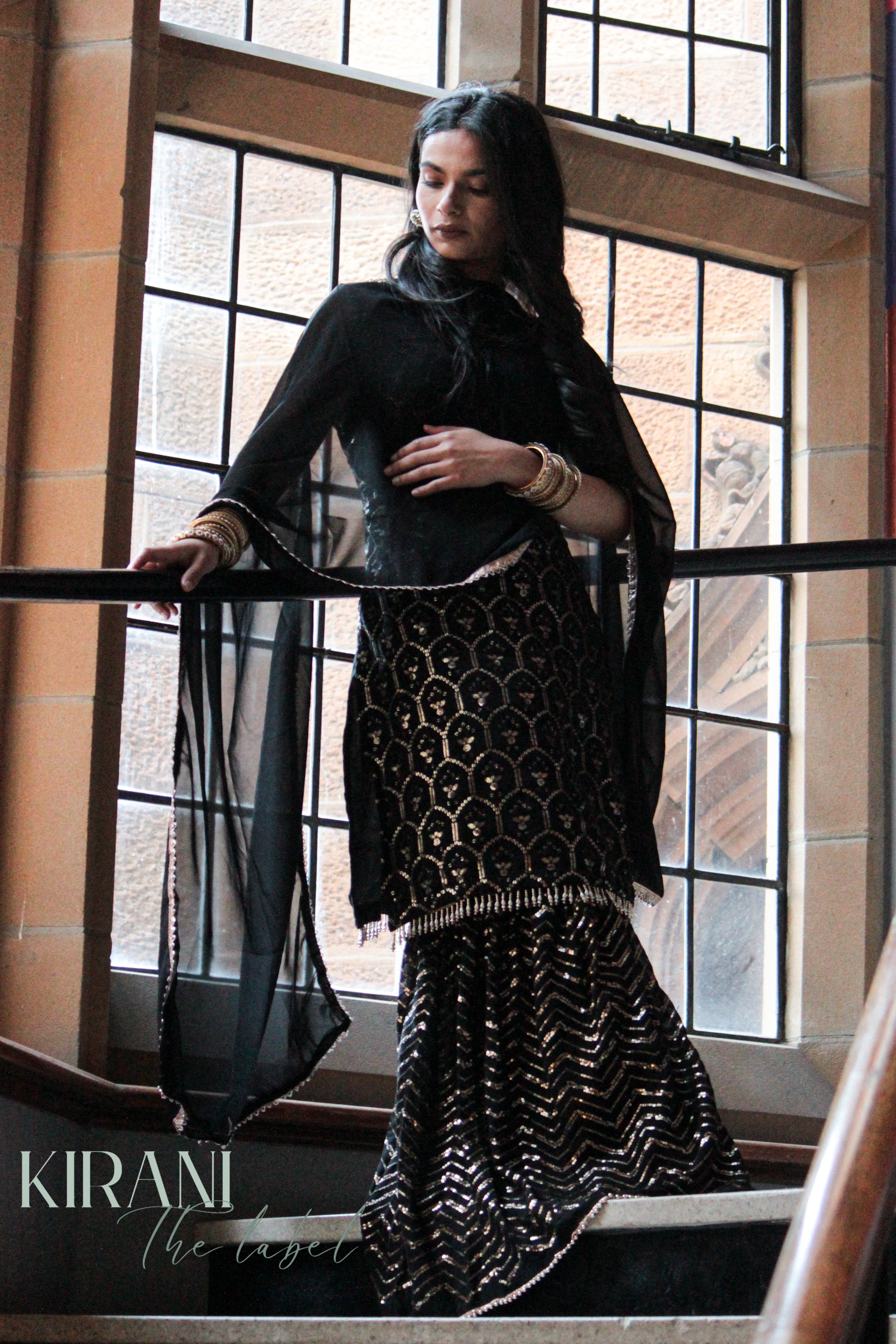Black Sequin Sharara With Palazzo Pants And Dupatta (Set of 3)