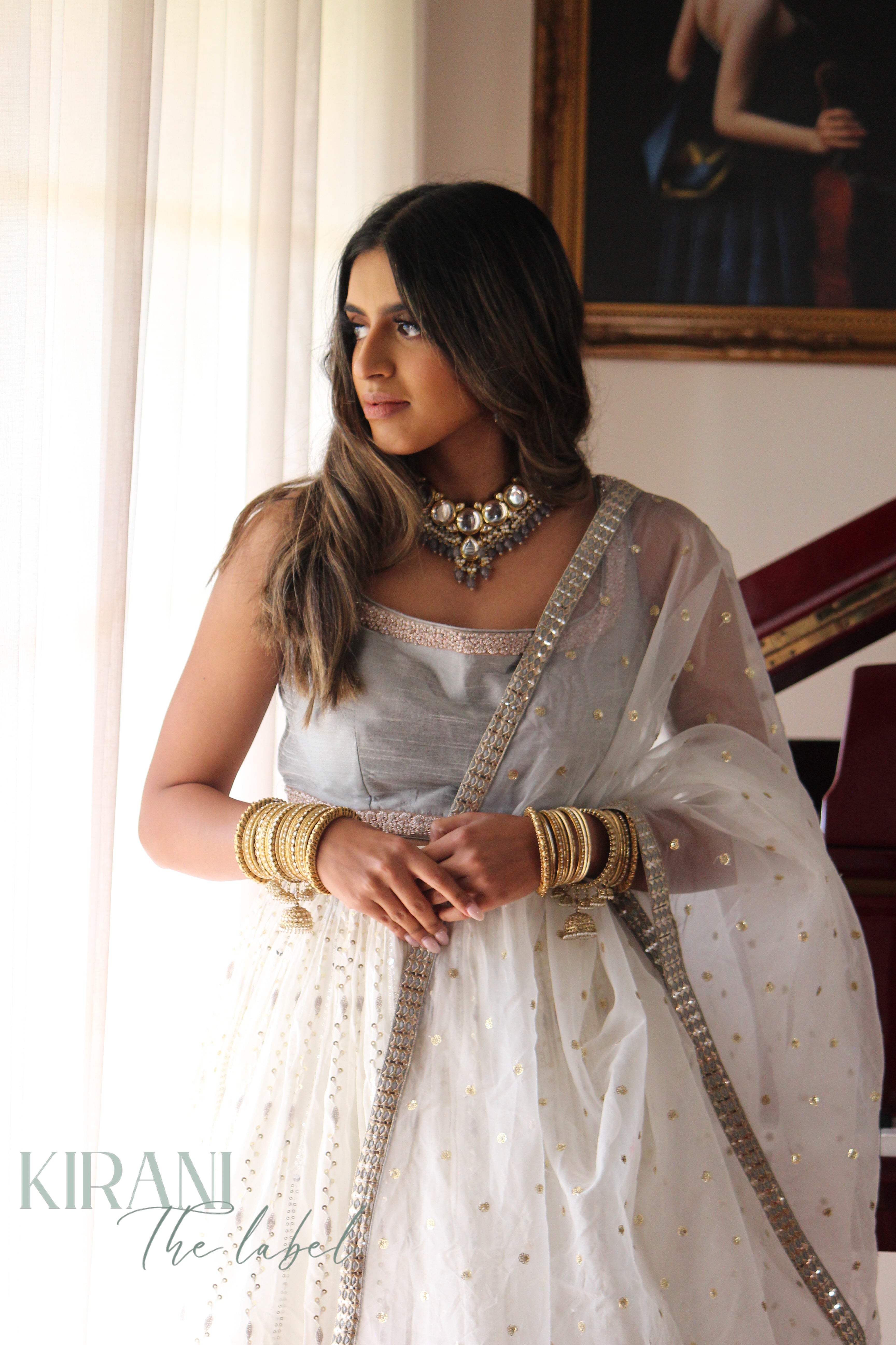 White Lucknowi Chikankari Lehenga with grey blouse