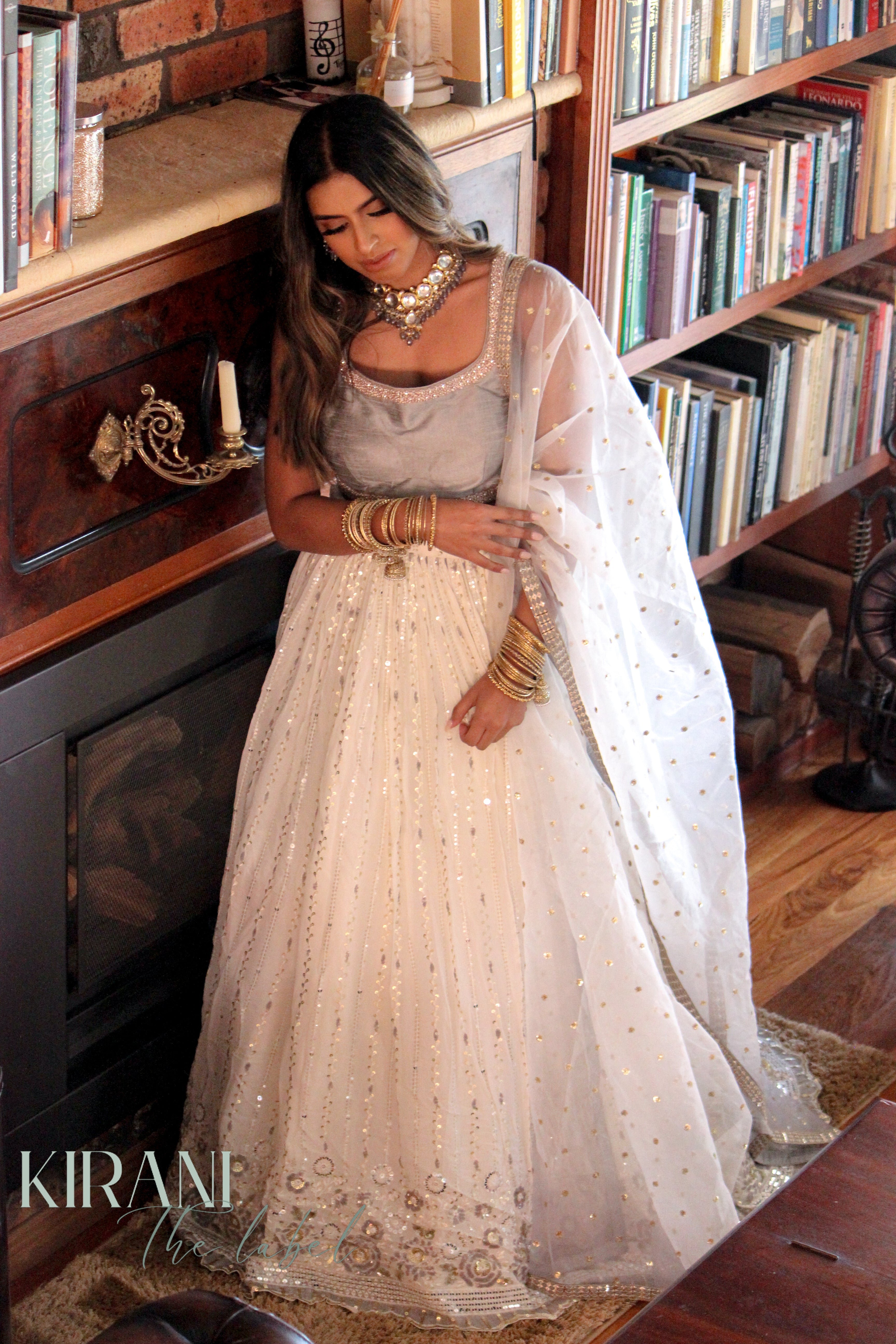 White Lucknowi Chikankari Lehenga with grey blouse