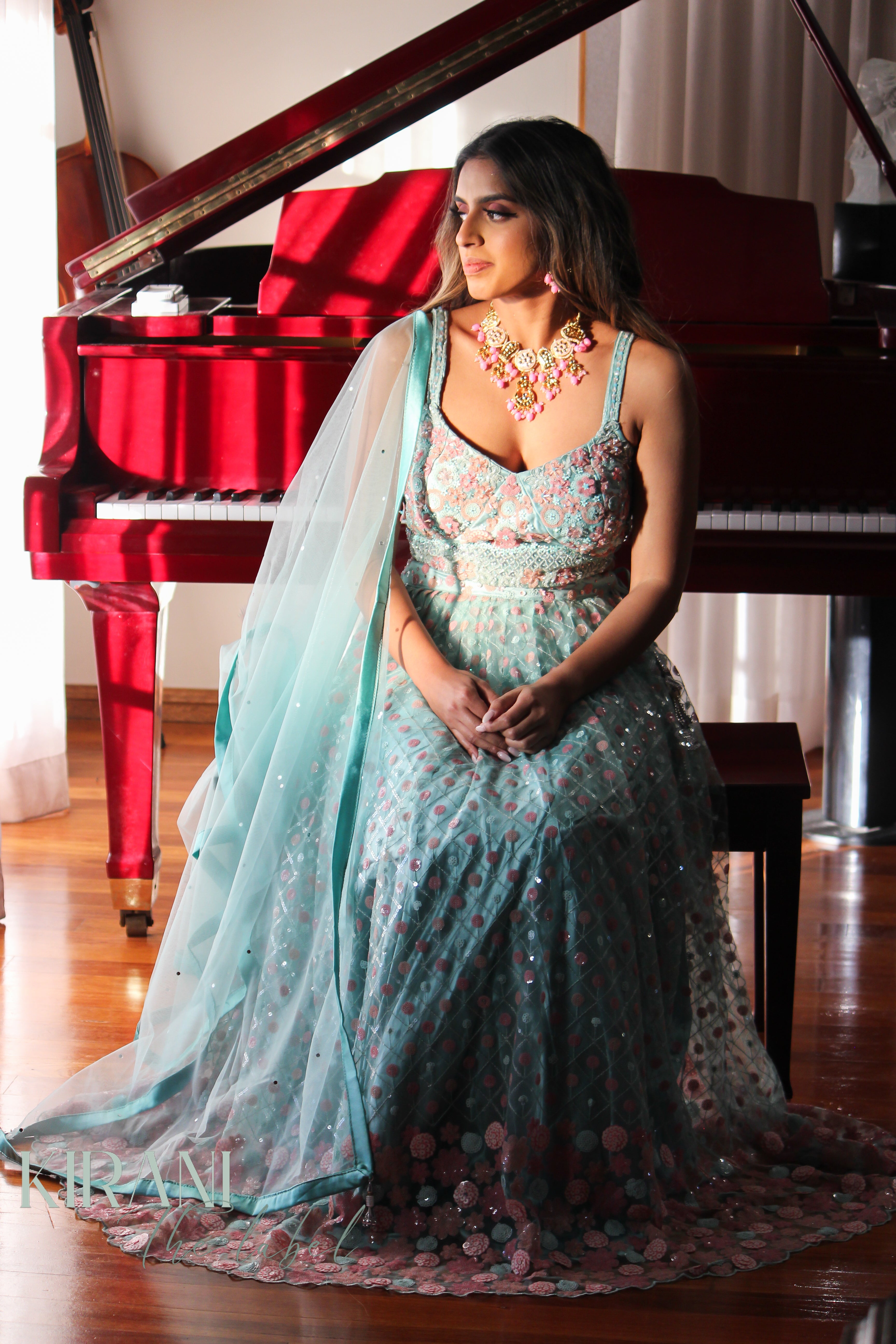 Blue and Pink Embellished Lehenga with Crop Blouse