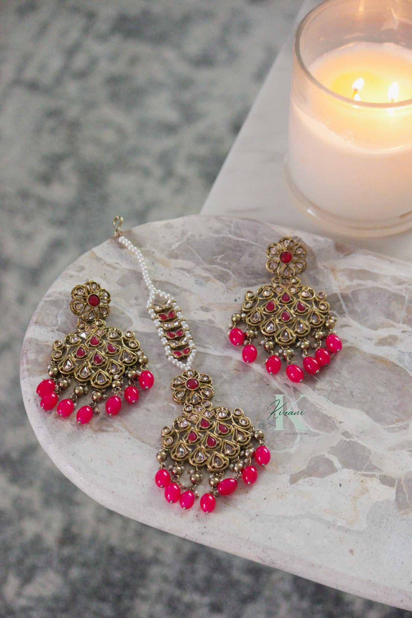 Pink Earrings And Maang Tikka Set LAVANYA Pink Earrings And Tikka Set