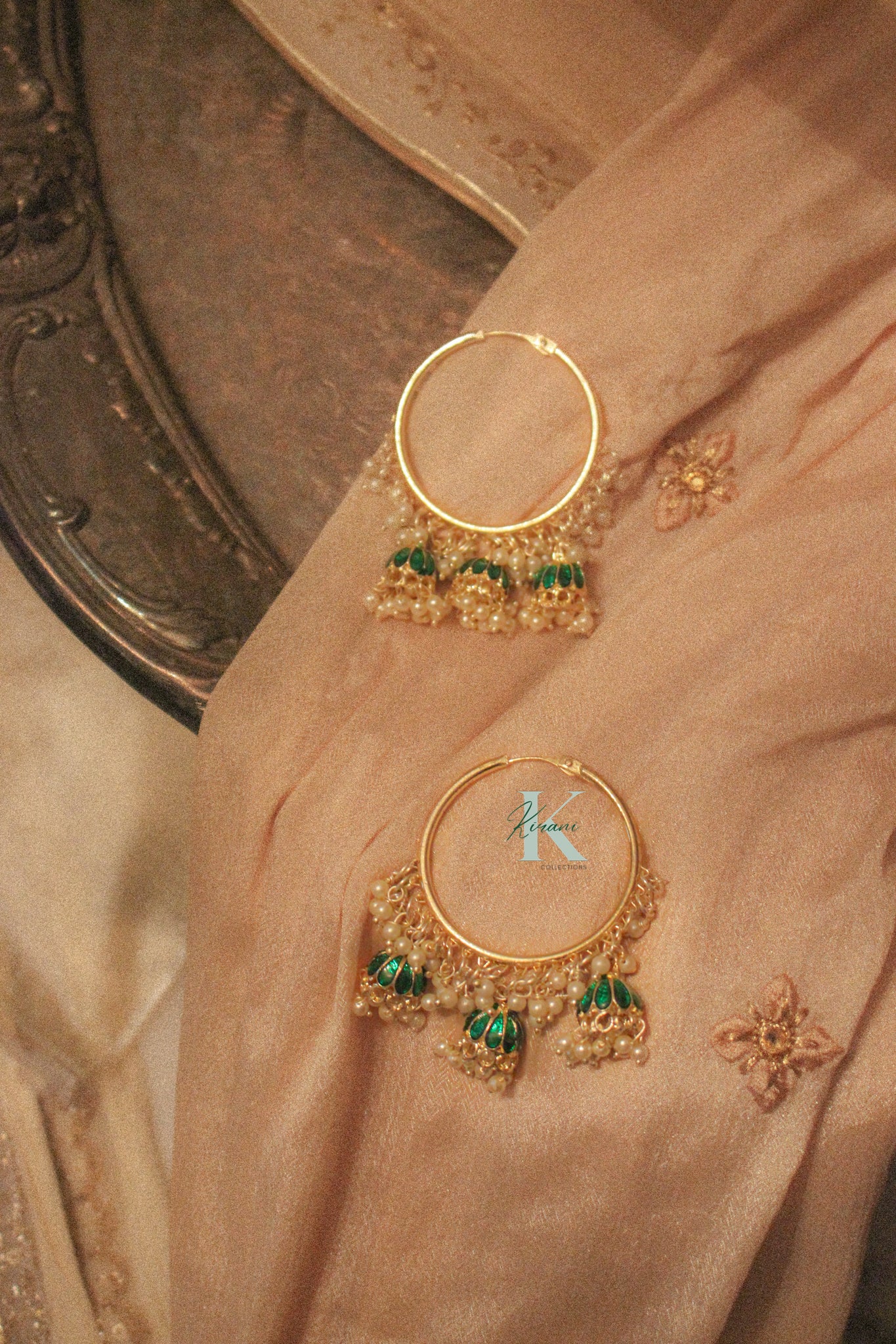 RHEA - Chandbali Jhumki Green Earrings