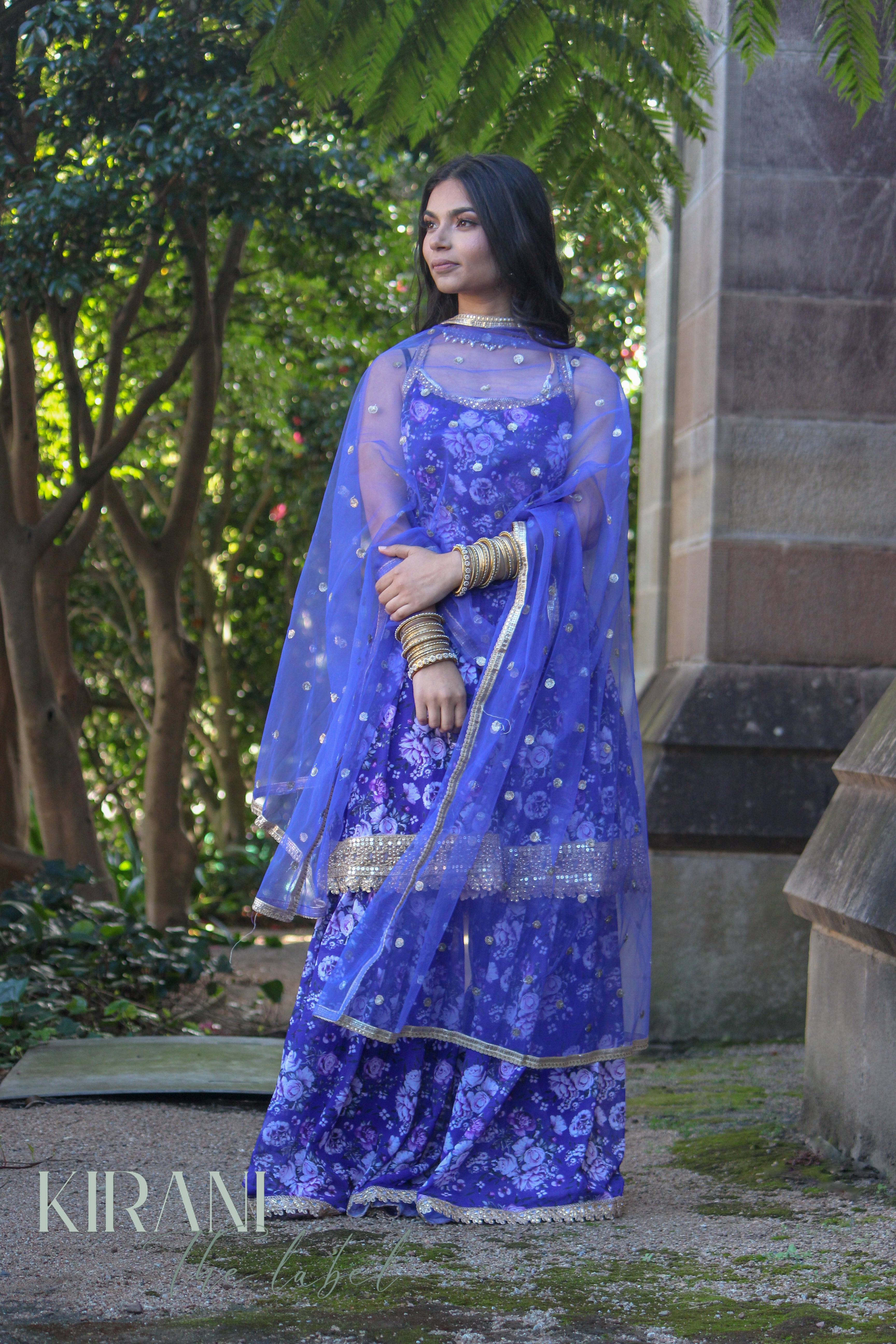 Purple Floral Sharara With Palazzo Pants And Dupatta (Set of 3)