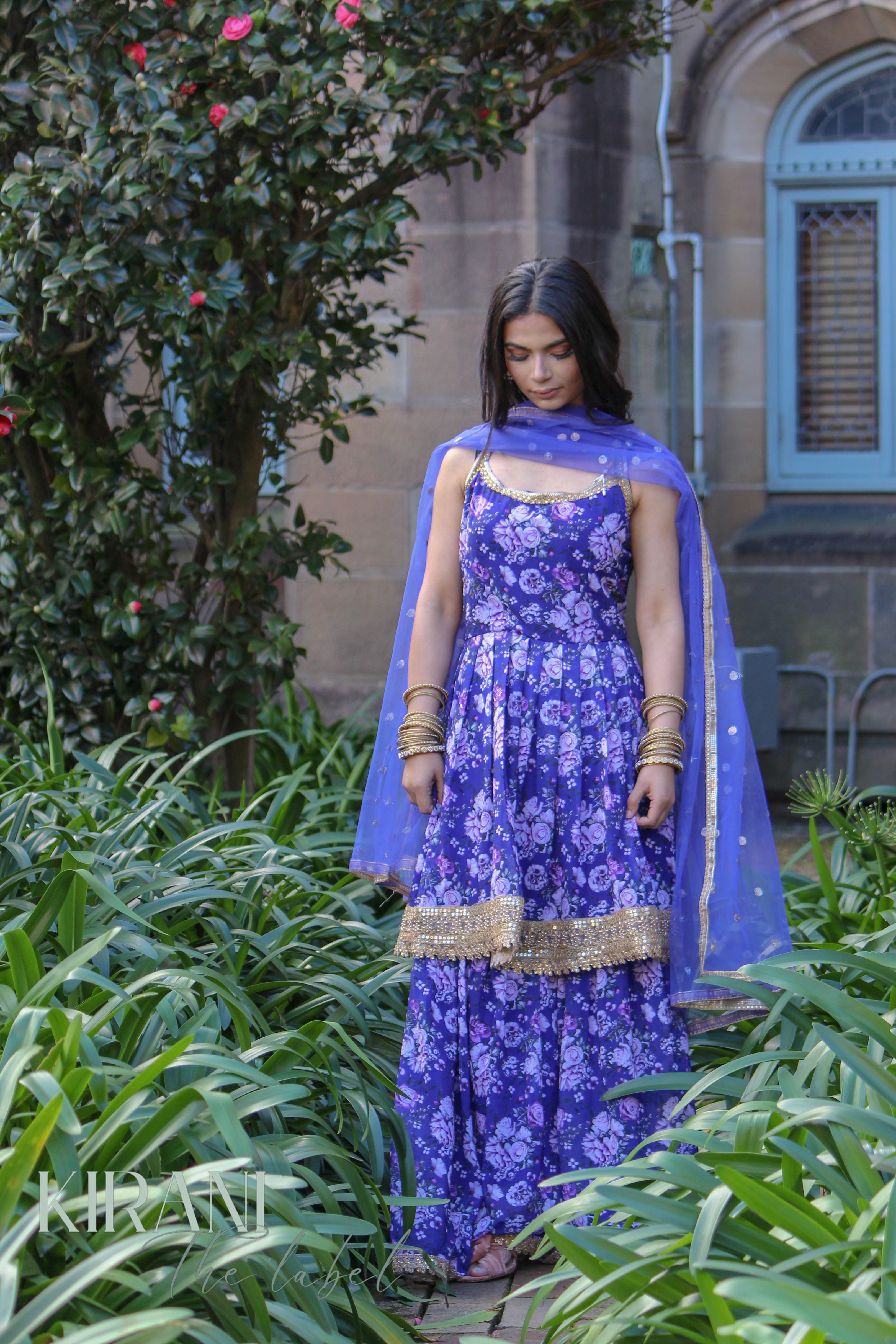 Purple Floral Sharara With Palazzo Pants And Dupatta (Set of 3)